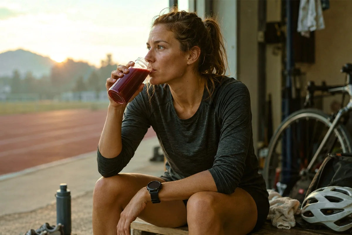 atleta-de-endurance-bebendo-suco-de-beterraba-antes-do-treino-nitrato-performance-esportiva-nutricao-esportiva-corrida-resistencia