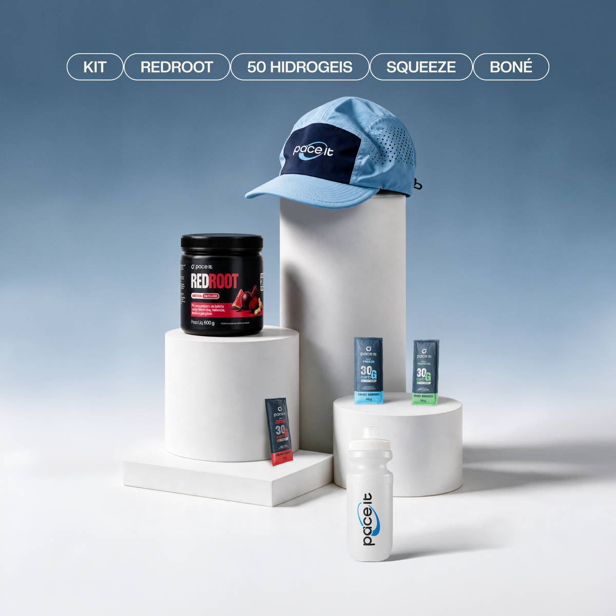 Kit REDROOT 465 com 50 hidrogéis Pace It, squeeze e boné Pace It